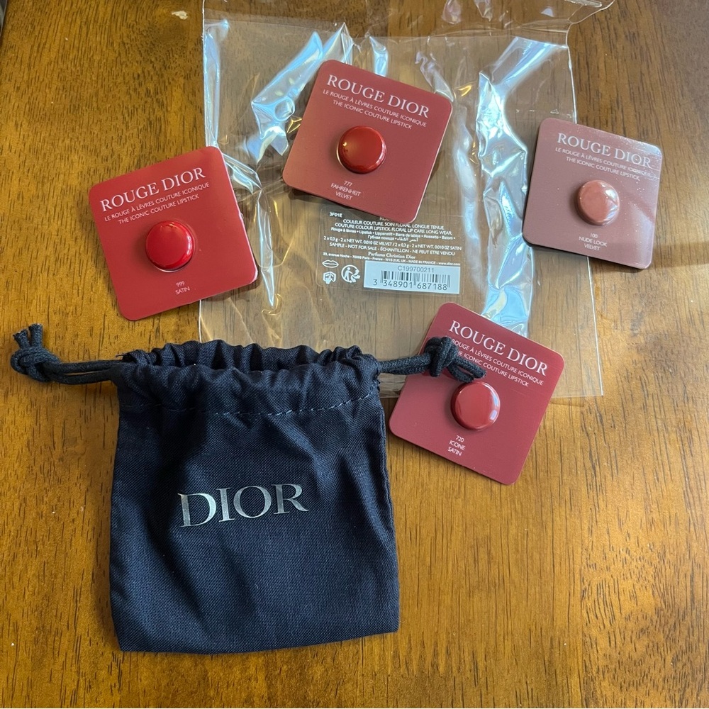 NEW! Dior Rouge Samples in Black Drawstring Bag and Plastic Pouch